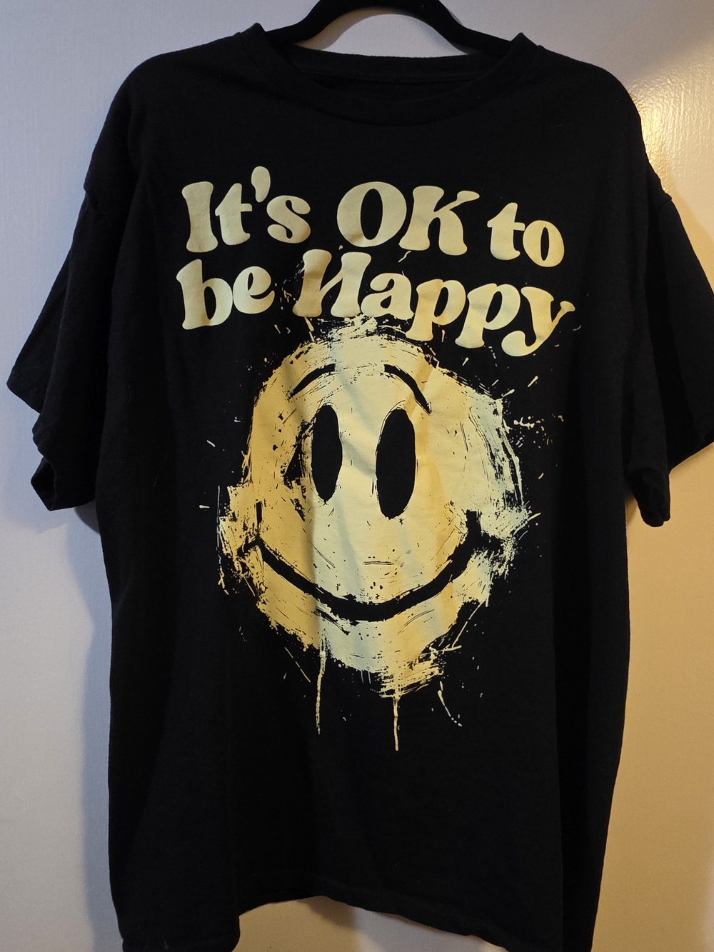 Black Graphic Tee NWOT Yellow Smiley "It's OK to be Happy"